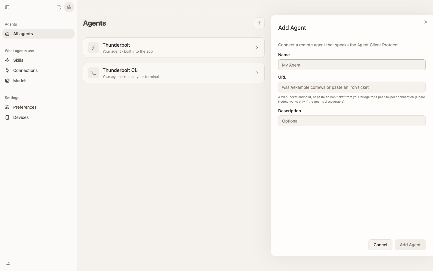 Thunderbolt Agents settings showing the Agent Client Protocol connection form and Thunderbolt CLI